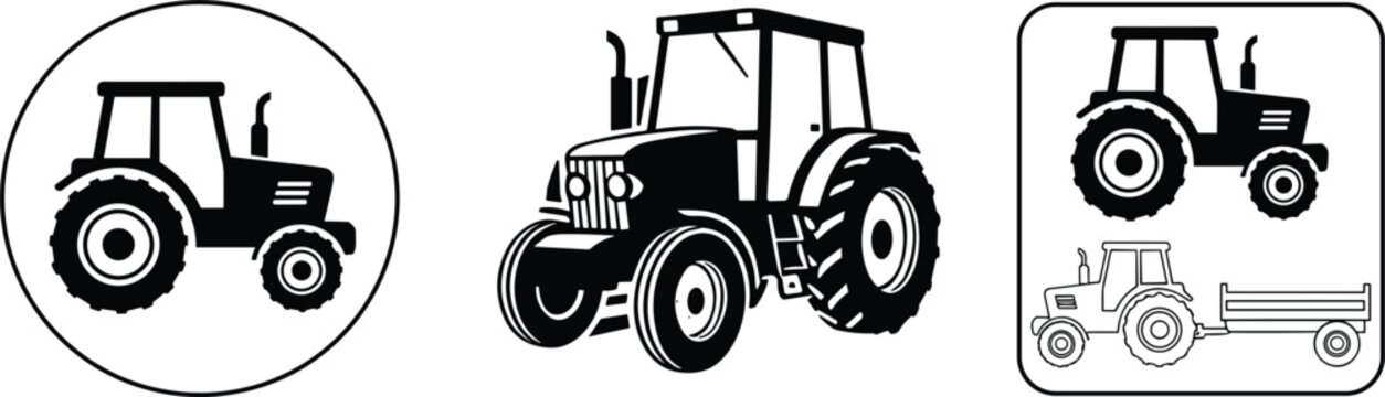 Farm tractor icon set with circular and square frames isolated on white background vector illustration for agriculture machinery design