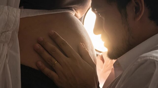 Expectant father gently touches pregnant wife's belly with love and care