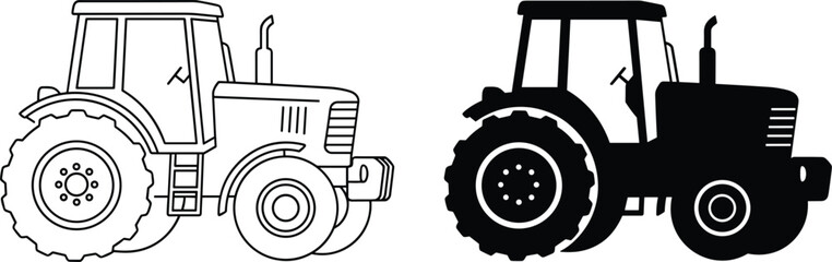 Farm tractor outline and solid silhouette icon set isolated on white background vector illustration for agriculture machinery concept © Mst