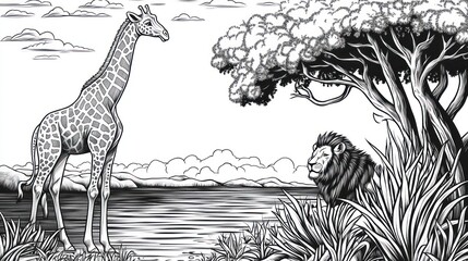 Giraffe and Lion in African Landscape