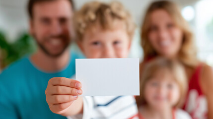 Family portrait for commercial or advertising use. Child holding a blank card for product placement or message insertion. Versatile stock photo.
