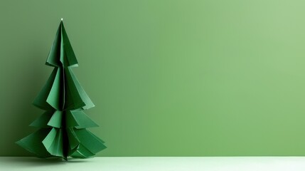 Minimalist Green Paper Christmas Tree Decoration on Simple Green Background