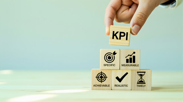 Hand placing 'KPI' block on 'SMART' goal cubes, symbolizing strategic business planning and performance measurement. Emphasizing objective setting for growth and success