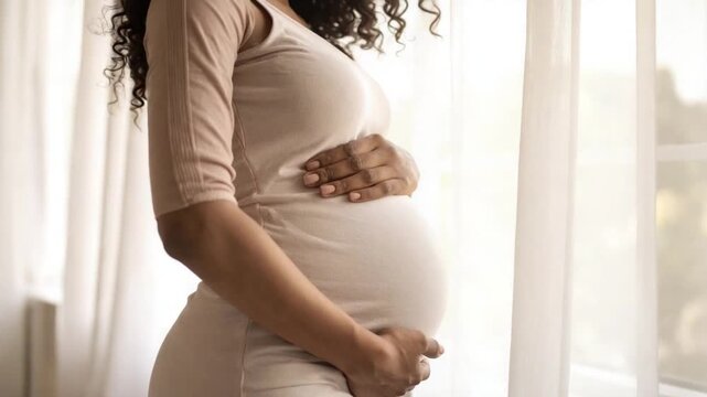 Expectant mother embraces her growing baby bump by a sunlit window