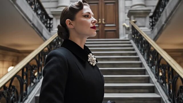 50's women fashion - A poised woman stands elegantly on a staircase, dressed in vintage attire with a sophisticated hairstyle and bold lipstick, embodying classic glamour and refinement
