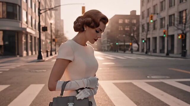 50's women fashion - A stylishly dressed woman in vintage attire strolls alone across an empty city street at sunset, exuding elegance and grace with her handbag and gloves