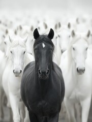 Obraz premium Black Horse Amid White Herd High-Key Portrait