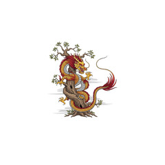 Obraz premium Majestic Dragon Coiled Around an Ancient Tree.