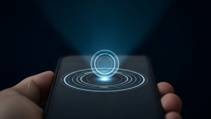 A hand holding a smartphone displaying a glowing circular digital interface