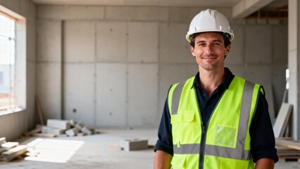 Construction worker in safety gear at site