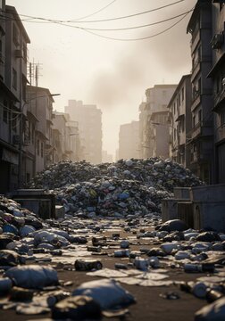 Urban Street Filled with Trash in Overcast Weather Setting