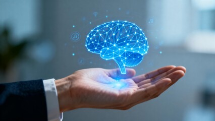 Hand holding digital brain graphic