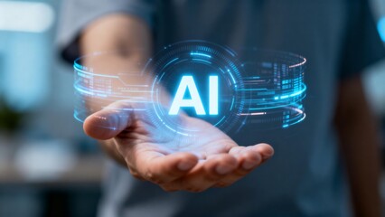 Hand holding AI hologram