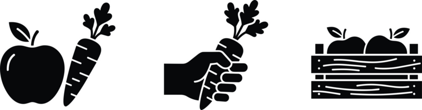 Fresh apple and carrot harvest icon set with hand holding vegetable and crate isolated on white background vector illustration