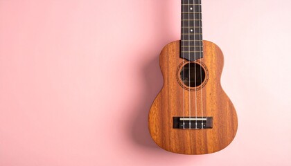 Obraz premium Close-up shot of a ukulele, a small four-stringed musical instrument, against a pink background