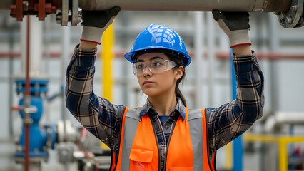 Woman worker in blue hard hat and orange vest inspects pipe industrial factory design