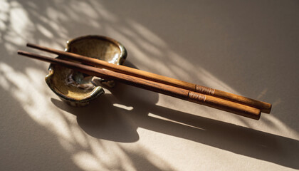 Wooden chopsticks resting on a ceramic chopstick holder with dramatic shadow play