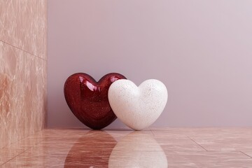 Fototapeta premium Two decorative hearts, one deep red and one white, resting against a pastel wall on a reflective floor.