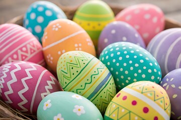 A colorful assortment of decorated easter eggs in a woven basket