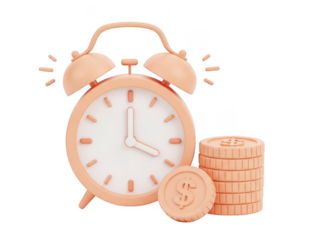 3d orange alarm clock and stack of coins, isolated on transparent background