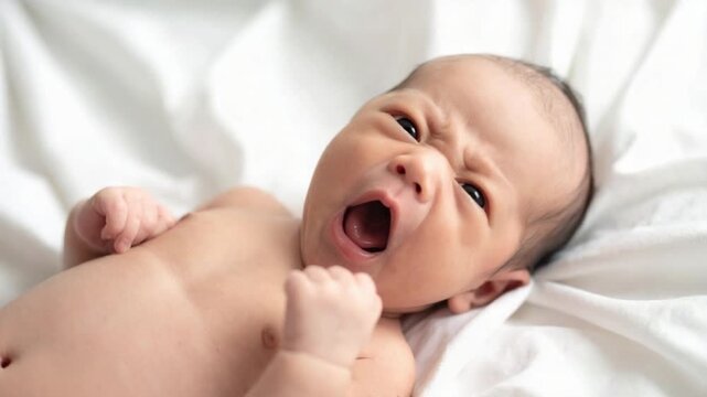 Adorable newborn baby with open mouth and scrunched face on white sheet