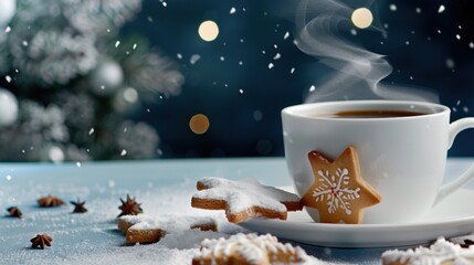 Cozy Hot Beverage with Gingerbread Cookies Amidst Falling Snowflakes and Festive Decorations