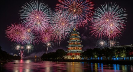 Red and White Fireworks Display Over Water Near Traditional Building