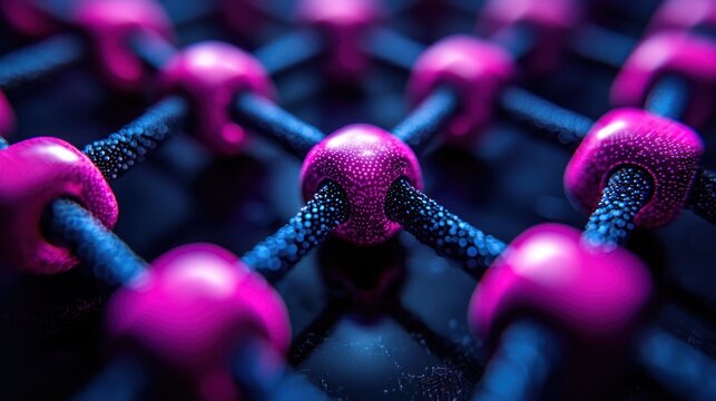 3D render of a molecular structure composed of pink spheres and dark blue connecting lines - Powered by Adobe