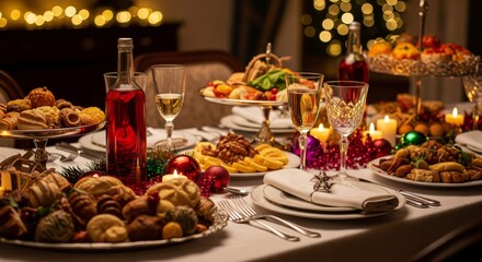 Fototapeta premium Festive Table Laden with Food Wine Candles and Ornaments