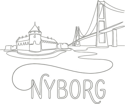 Nyborg castle and Great Belt Bridge landmarks line art vector illustration
