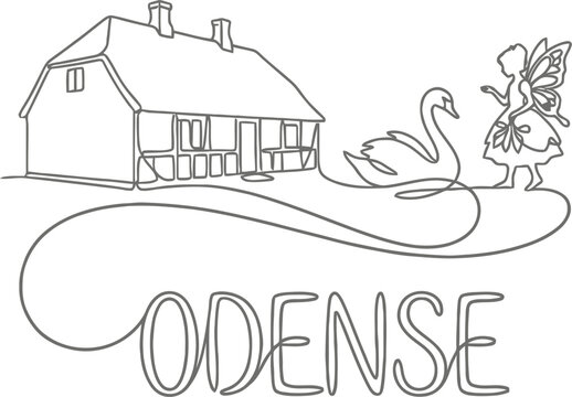 Odense landmark icons celebrating Hans Christian Andersen continuous line vector