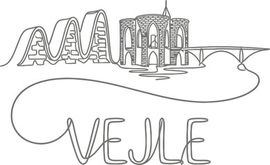 Naklejka premium Vejle city landmarks skyline one line vector illustration
