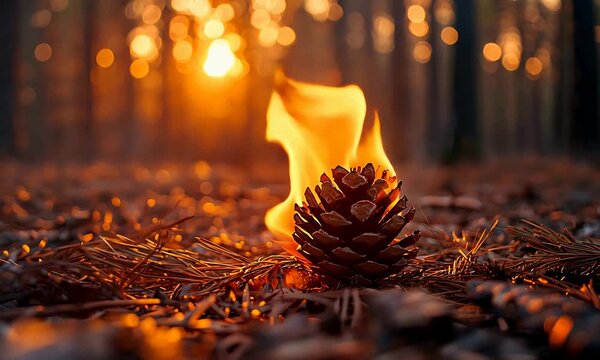 Burning pine cone on the forest floor at sunset, illuminated by warm bokeh lights.