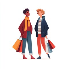 A smiling couple holding shopping bags enjoys a retail sale purchase as the happy woman and her partner experience the beauty of fashion shopping together in this vibrant vector illustration