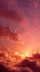 Fototapeta premium Soft warm dusk background with golden sunset gradient, gentle pink and peach tones, floating glowing particles, cinematic lighting creating a peaceful and emotional minimalist atmosphere.