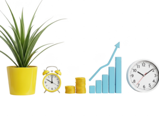 Green plant, alarm clock, coins, and growth chart symbolizing success isolated on transparent background