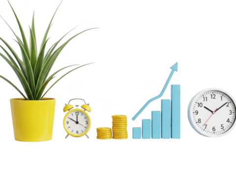 Green plant, alarm clock, coins, and growth chart symbolizing success isolated on transparent background - Powered by Adobe