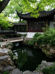 Traditional garden with pond and pavilion