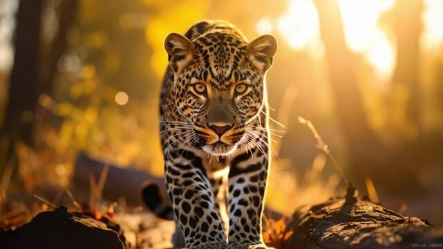 Majestic leopard walking through golden savanna at sunrise with intense gaze
