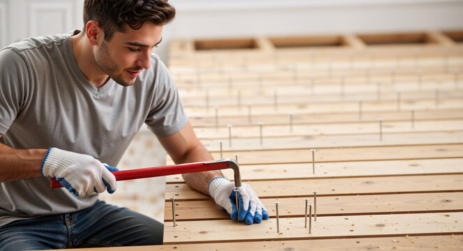 Man using a pry bar to remove nails from a wooden floor. Home renovation and DIY construction project. Male worker pulling nails from timber planks with a crowbar