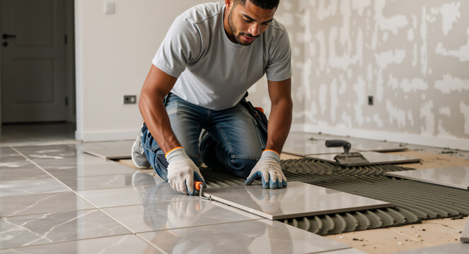 Professional tiler installing large floor tiles. Man laying grey marble ceramic tiles on adhesive in a home renovation project. Construction and flooring installation work