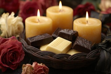 Three lit pillar candles illuminate a collection of fine chocolates resting inside a woven basket surrounded by romantic roses