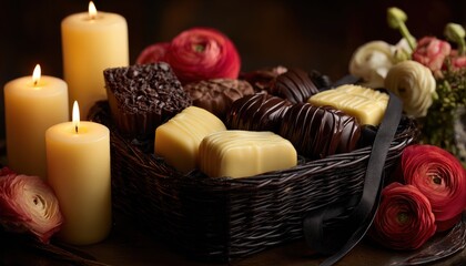 Assortment of gourmet chocolates rests beside burning pillar candles and colorful blooms