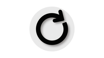 A modern black circular arrow refresh or reload icon with a subtle shadow effect is clearly presented on a clean white disk against a solid dark black