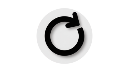 A modern black circular arrow refresh or reload icon with a subtle shadow effect is clearly presented on a clean white disk against a solid dark black