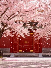 Cherry blossoms in front of red door