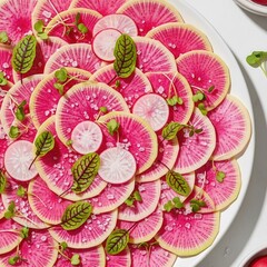Vibrant pink watermelon radish slices on a white plate with fresh herbs