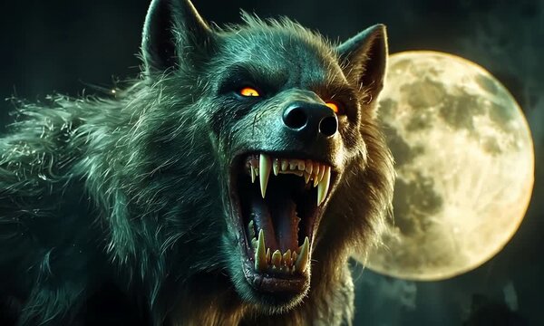 Ferocious Werewolf Monster Roaring with Glowing Eyes and Sharp Fangs under a Full Moon.