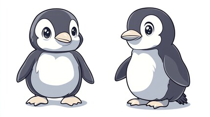 Cartoon Penguins, Cute, Standing, White Background, Stock Photo