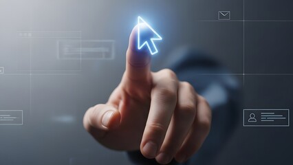 A hand interacting with a glowing cursor on a digital interface screen